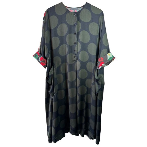 Alembika Black & Olive Polka Dot Mixed Print Oversized Midi Dress Size M - Picture 2 of 8